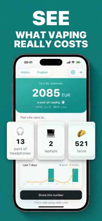 Vapend dashboard showing the projected yearly cost of vaping alongside everyday items it equals