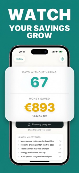 Vapend Quit Mode counting vape-free days and money saved